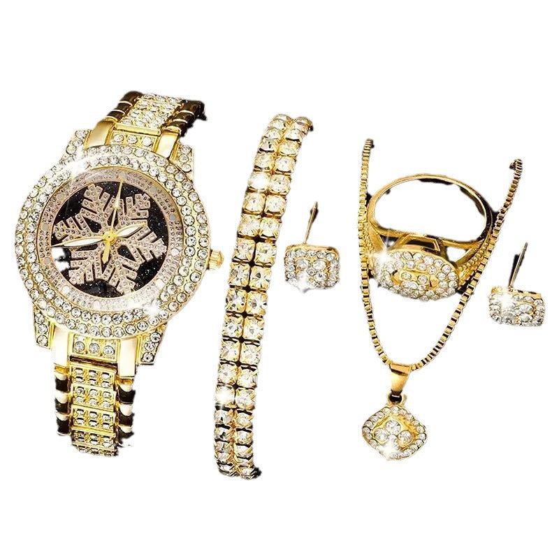 Snowflake Pattern Watch Luxury Full Rhinestone Jewelry Five-piece Set - Zentrova Snowflake Pattern Watch Luxury Full Rhinestone Jewelry Five-piece Set - Zentrova