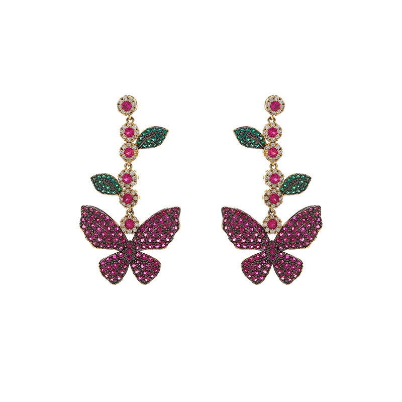 Personality Super Fairy Butterfly Earrings Micro-inlaid Zircon Leaf Flower Long Tassel Earrings Temperament Goddess