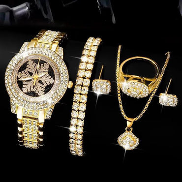Snowflake Pattern Watch Luxury Full Rhinestone Jewelry Five-piece Set - Zentrova - Alternative View