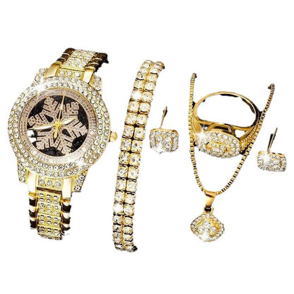 Snowflake Pattern Watch Luxury Full Rhinestone Jewelry Five-piece Set - Zentrova