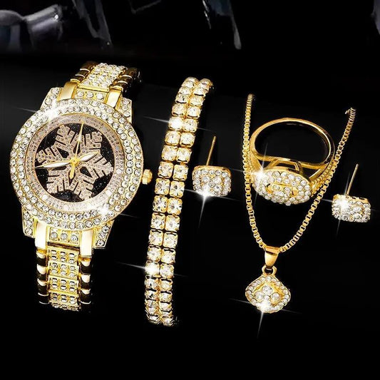 Snowflake Pattern Watch Luxury Full Rhinestone Jewelry Five-piece Set - Zentrova