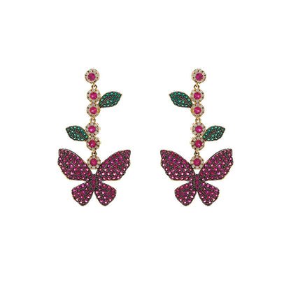 Personality Super Fairy Butterfly Earrings Micro-inlaid Zircon Leaf Flower Long Tassel Earrings Temperament Goddess