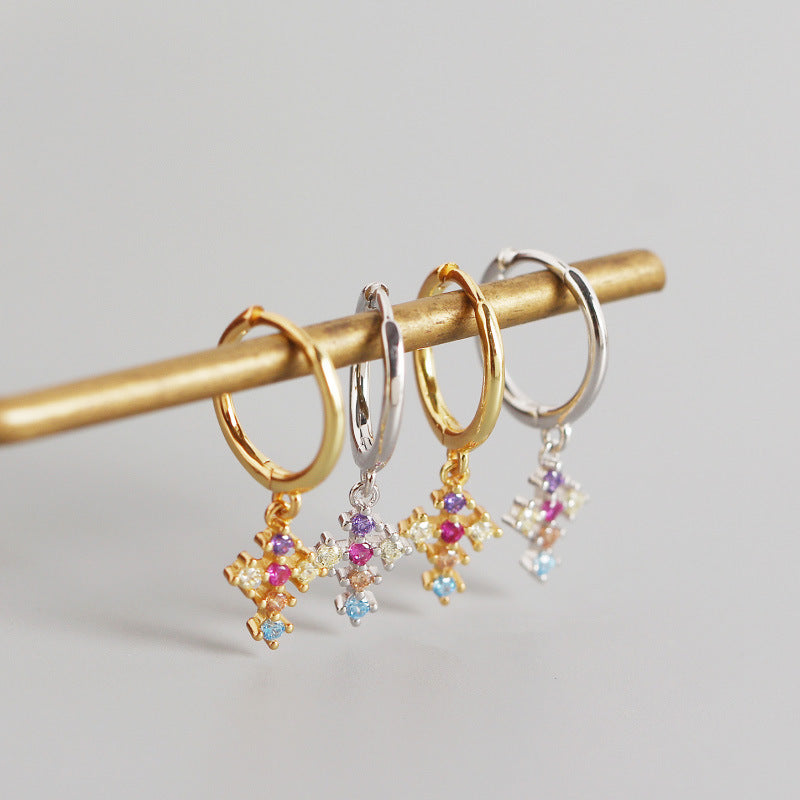 French Cross With Diamonds And Gold Stud Earrings