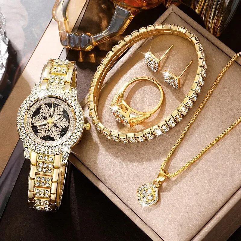 Snowflake Pattern Watch Luxury Full Rhinestone Jewelry Five-piece Set - Zentrova