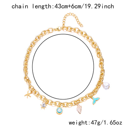 Women's Fashion Starfish Pearl Shell Fishtail Multi-pendant Necklace Bracelet - Zentrova