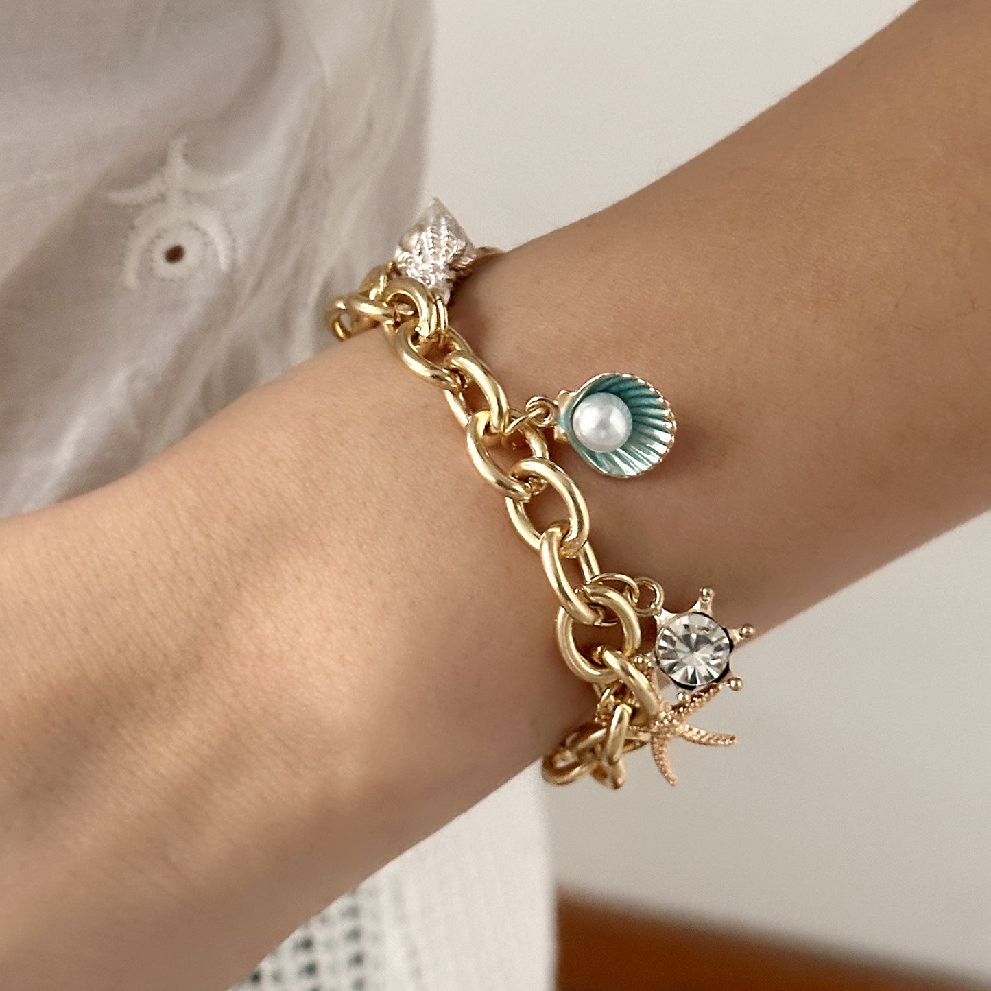 Women's Fashion Starfish Pearl Shell Fishtail Multi-pendant Necklace Bracelet - Zentrova