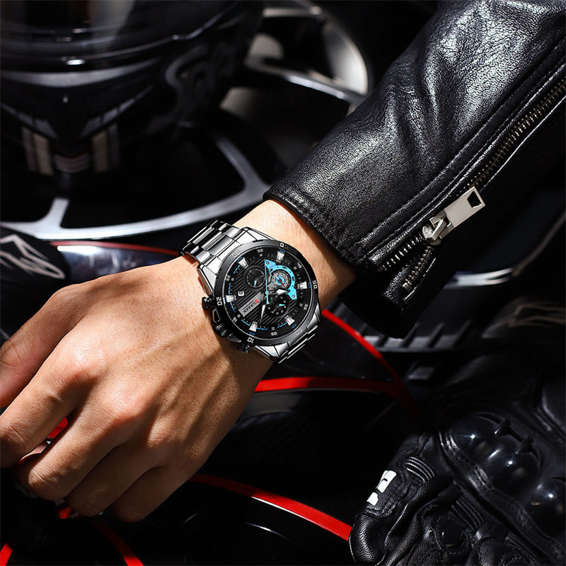 Mens Six-Hand Steel-Strap Motorcycle Watch - Zentrova