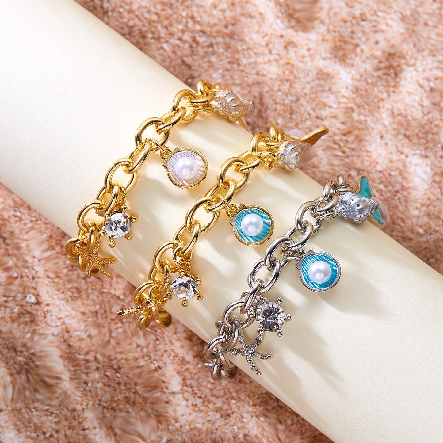 Women's Fashion Starfish Pearl Shell Fishtail Multi-pendant Necklace Bracelet - Zentrova