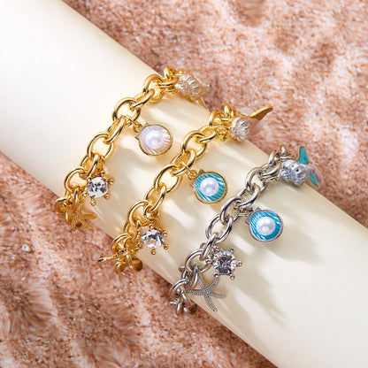 Women's Fashion Starfish Pearl Shell Fishtail Multi-pendant Necklace Bracelet - Zentrova