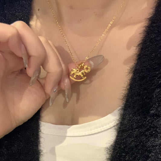 Womens Money Necklace Shattered Ice Wooden Horse And Copper Coins - Zentrova