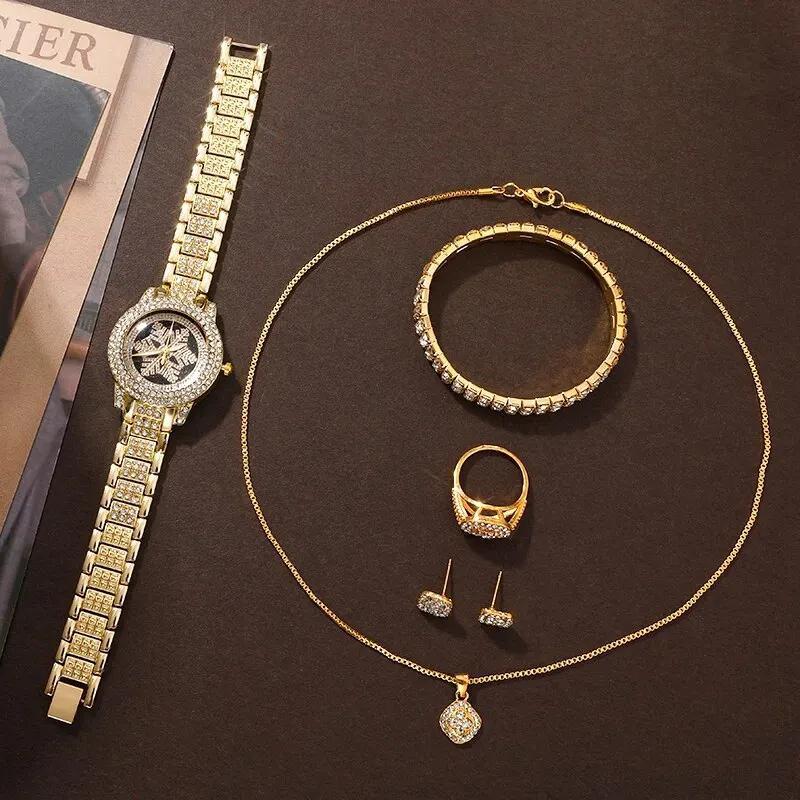 Snowflake Pattern Watch Luxury Full Rhinestone Jewelry Five-piece Set - Zentrova